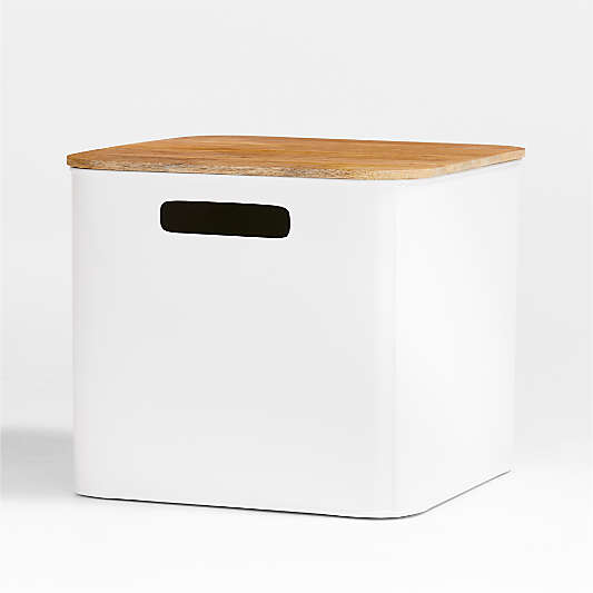 Outline White Large Metal Floor Bin with Wood Lid