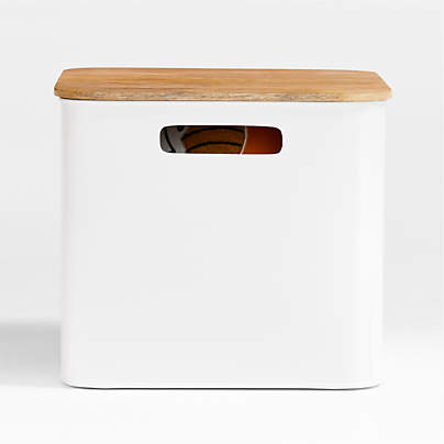 Outline White Large Metal Floor Bin with Wood Lid