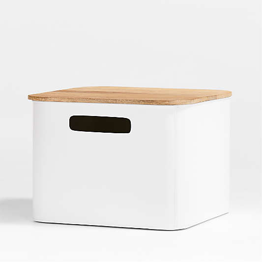 Outline White Medium Metal Storage Bin with Wood Lid