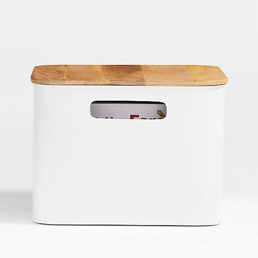 Outline White Medium Metal Storage Bin with Wood Lid