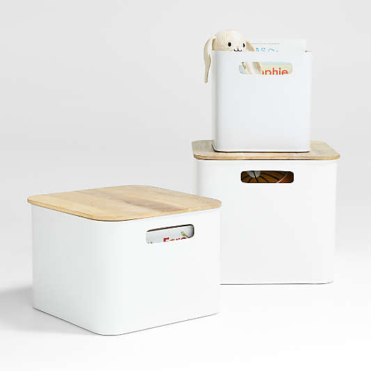 Outline White Medium Metal Storage Bin with Wood Lid