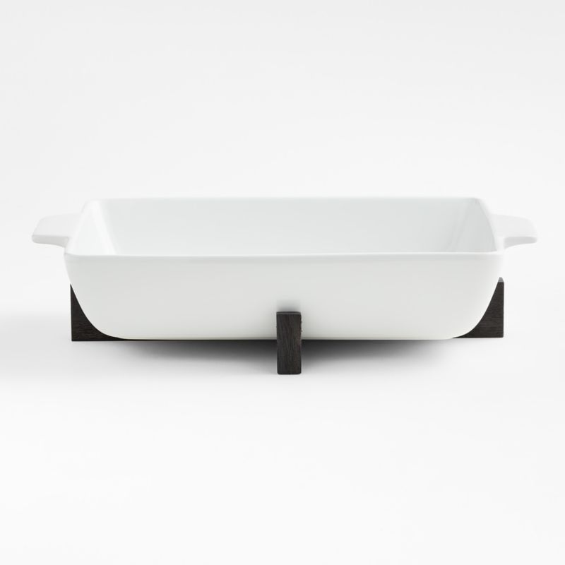 Oven-to-Table Rectangular Baking Dish with Dark Wood Trivet