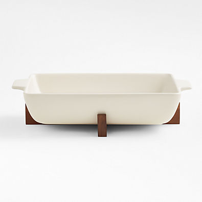 View Oven-to-Table Rectangular Baking Dish with Dark Wood Trivet details