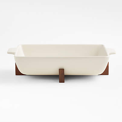 Oven-to-Table Rectangular Baking Dish with Dark Wood Trivet