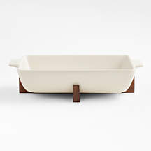Oven-to-Table Rectangular Baking Dish with Dark Wood Trivet + Reviews | Crate & Barrel