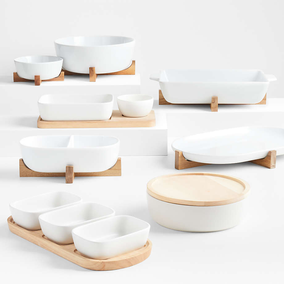 Oven-to-Table Oval Serving Bowls with Oval Wood Stand