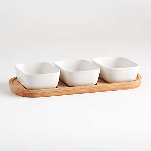 Condiments or Appetizers Ramekin Server for Dipping Sauce MyGift 5 Piece Ceramic White Dip Bowls Set with Acacia Wood Serving Tray 
