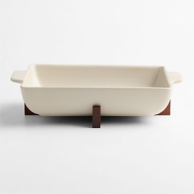 View Oven-to-Table Rectangular Baking Dish with Dark Wood Trivet details