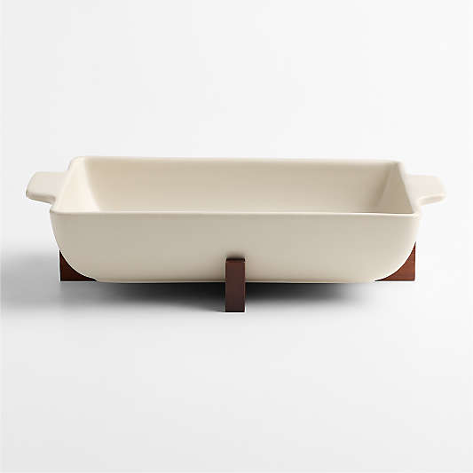 Oven-to-Table Rectangular Baking Dish with Dark Wood Trivet