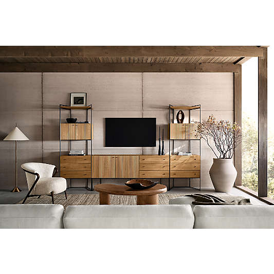 Evie 70" Natural Elm Wood and Black Iron Media Console with 2 Storage Bookcases