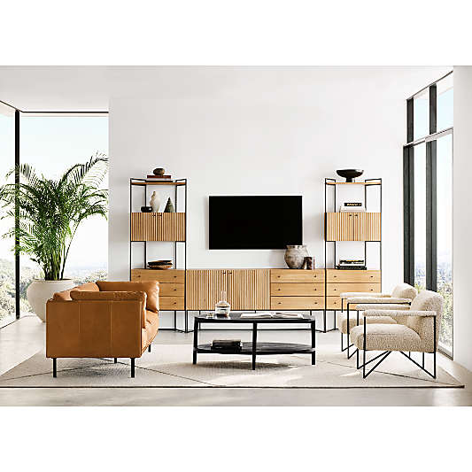 Evie 70" Natural Elm Wood and Black Iron Media Console with 2 Storage Bookcases