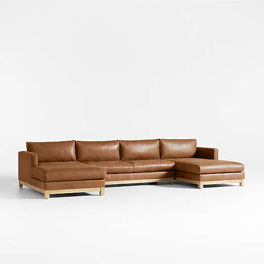 Pacific Wood Base 3-Piece U-Shaped Leather Sectional Sofa with Double Chaise Lounge