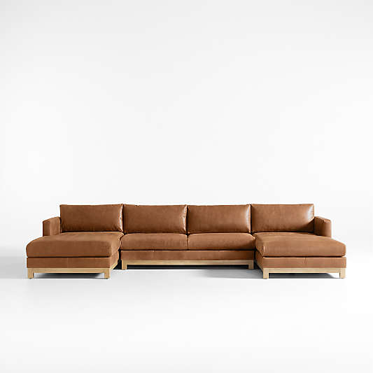 Pacific Wood Base 3-Piece U-Shaped Leather Sectional Sofa with Double Chaise Lounge