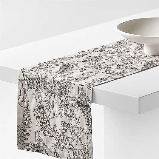 Partridge 120" Natural and Earth Brown Embroidered Runner