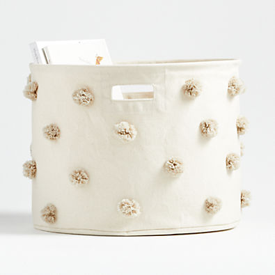 View Pehr Pom Pom Medium Grey Soft Collapsible Drum Storage Bin with Handles details