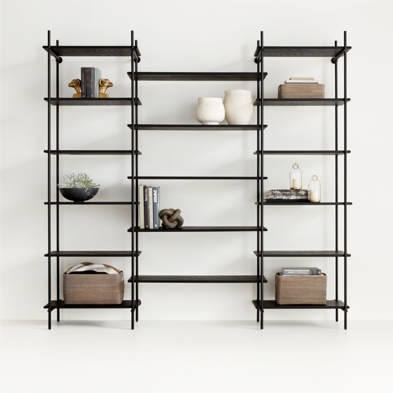 Petra Black Oak Wood and Metal Wall-Mounted 89" Bookcase Unit