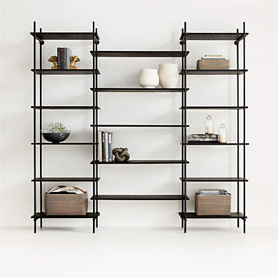 Petra Black Oak Wood and Metal Wall-Mounted 95.5" Bookcase Unit