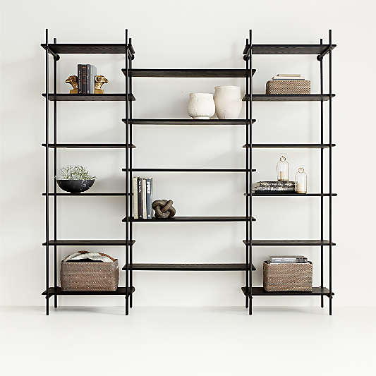 Petra Black Oak Wood and Metal Wall-Mounted 95.5" Bookcase Unit