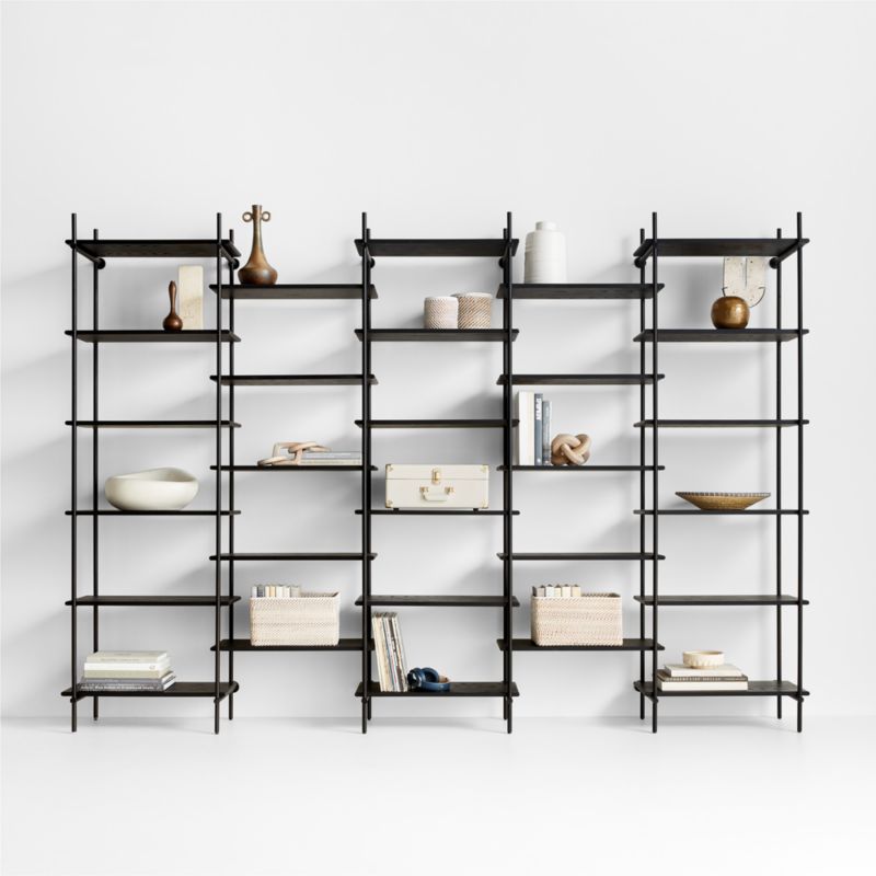 Petra Black Oak Wood and Metal Wall-Mounted 126" Bookcase Unit