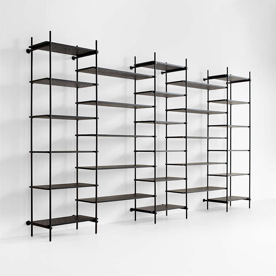 Petra Black Oak Wood and Metal Wall-Mounted 10-Narrow Shelf & Set