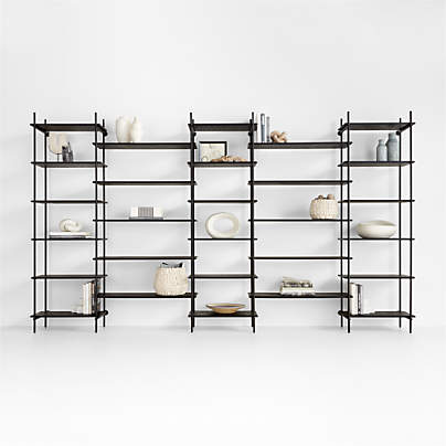 Petra Black Oak Wood and Metal Wall-Mounted 163.5" Bookcase Unit