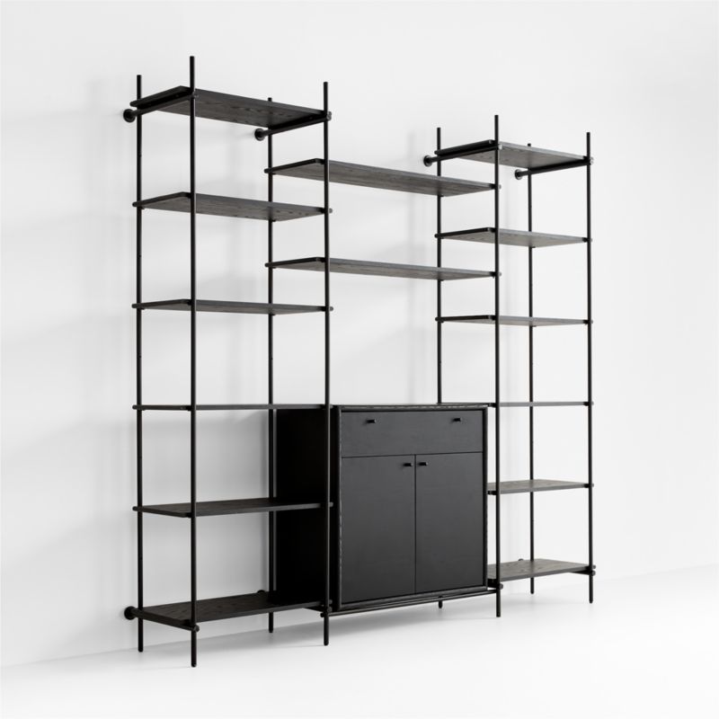 Petra Black Oak Wood and Metal Wall-Mounted 95.5" Storage Cabinet and Bookcase Unit - image 3 of 10