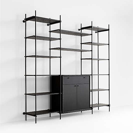 Petra Black Oak Wood and Metal Wall-Mounted 95.5" Storage Cabinet and Bookcase Unit