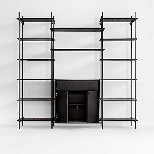 Petra Black Oak Wood and Metal Wall-Mounted 95.5" Storage Cabinet and Bookcase Unit