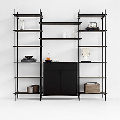 Petra Black Oak Wood and Metal Wall-Mounted 95.5" Storage Cabinet and Bookcase Unit