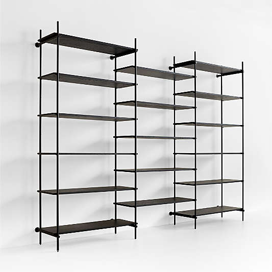 Petra Black Oak Wood and Metal Wall-Mounted 122" Bookcase Unit