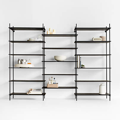 Petra Black Oak Wood and Metal Wall-Mounted 122" Bookcase Unit