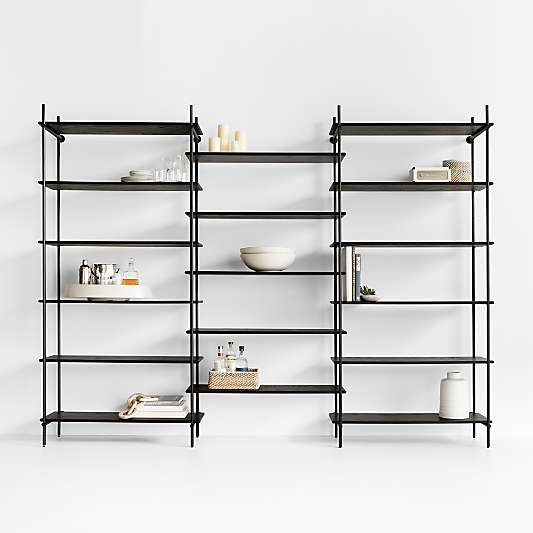 Petra Black Oak Wood and Metal Wall-Mounted 122" Bookcase Unit