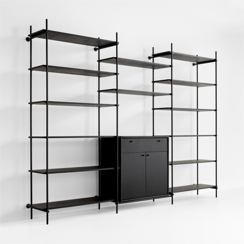 Petra Black Oak Wood and Metal Wall-Mounted 122" Storage Cabinet and Bookcase Unit - image 3 of 9