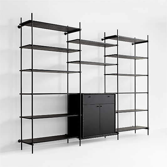 Petra Black Oak Wood and Metal Wall-Mounted 122" Storage Cabinet and Bookcase Unit