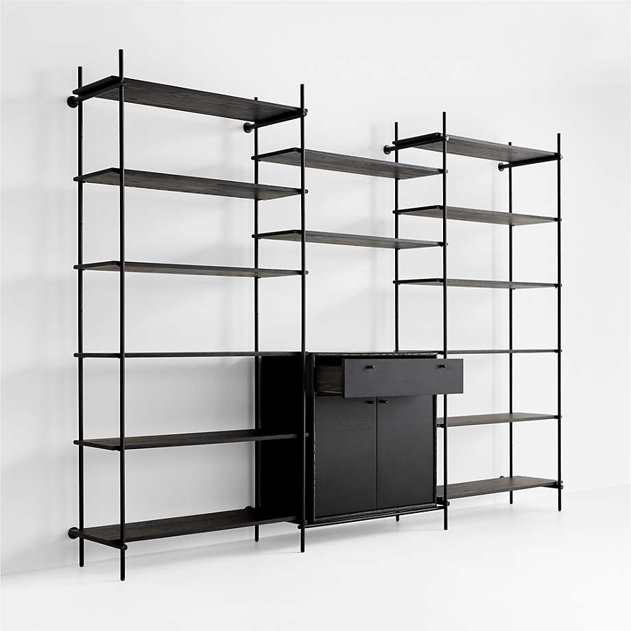 Petra Black Oak Wood and Metal Wall-Mounted 10-Narrow Shelf & Set