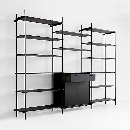 Petra Black Oak Wood and Metal Wall-Mounted 122" Storage Cabinet and Bookcase Unit