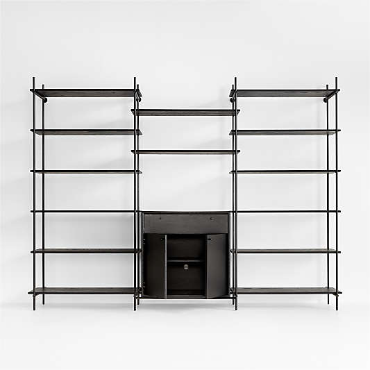 Petra Black Oak Wood and Metal Wall-Mounted 122" Storage Cabinet and Bookcase Unit