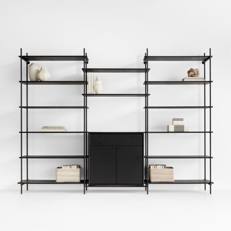 Petra Black Oak Wood and Metal Wall-Mounted 115" Storage Cabinet and Bookcase Unit