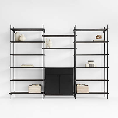 Petra Black Oak Wood and Metal Wall-Mounted 122" Storage Cabinet and Bookcase Unit