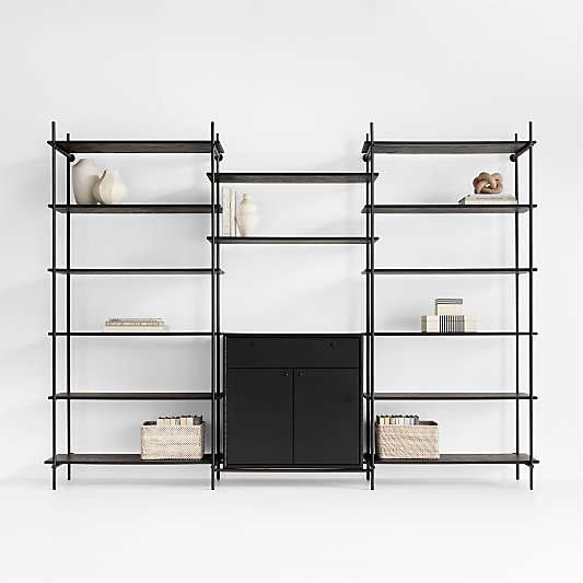 Petra Black Oak Wood and Metal Wall-Mounted 122" Storage Cabinet and Bookcase Unit