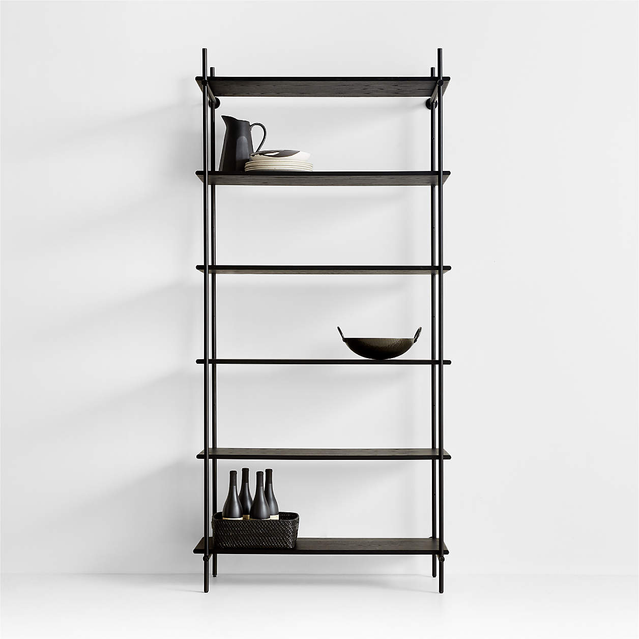 Petra Black Oak Wood and Metal Wide Wall-Mounted Bookcase | Crate & Barrel