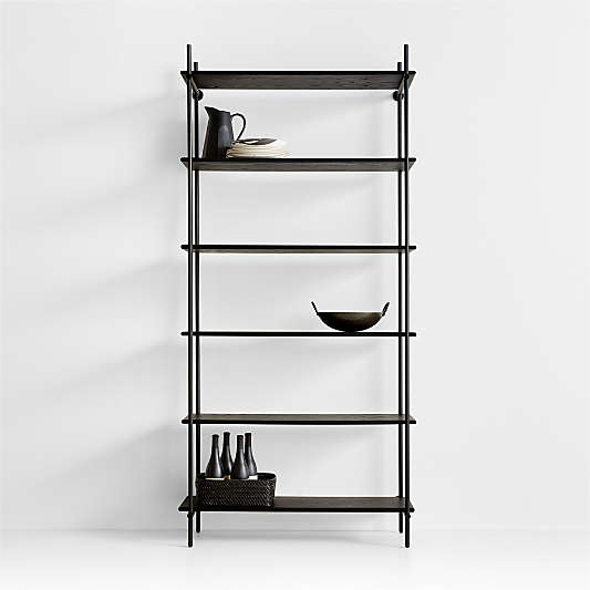 Petra Black Oak Wood and Metal Wide Wall-Mounted Bookcase