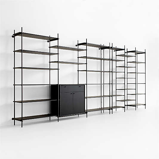 Petra Black Oak Wood and Metal Wall-Mounted 204" Storage Cabinet and Bookcase Unit