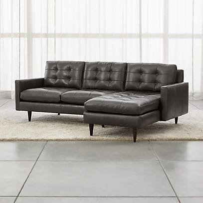 Petrie Leather 2 Piece Right Arm Chaise, Black Leather Mid Century Modern Sectional Couch