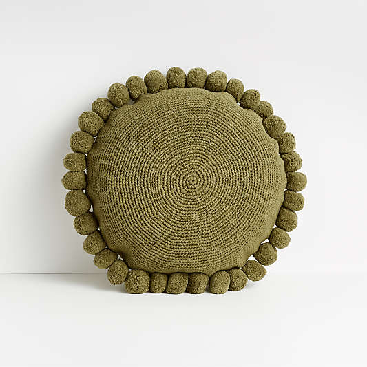 Pico 18" Olive Branch Round Pom Pom Pillow