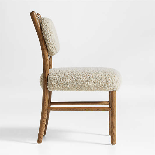 Pierre Light Brown Oak Wood Dining Side Chair with Faux Shearling