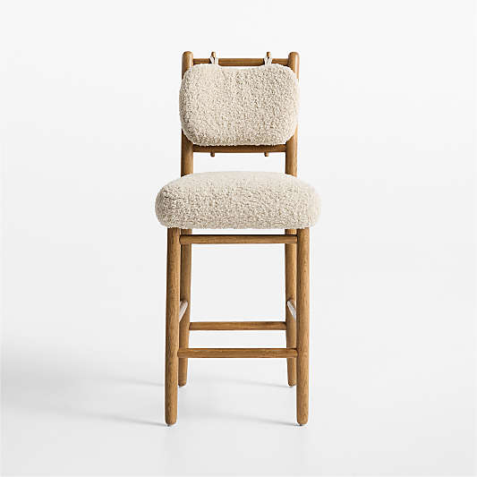 Pierre Light Brown Oak Wood Dining Counter Stool with Faux Shearling