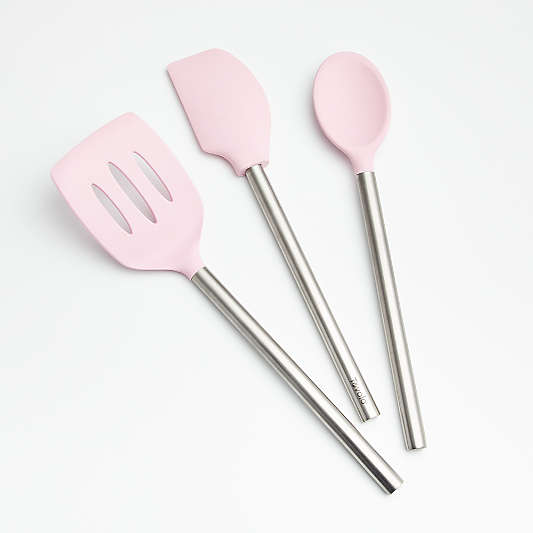 Pink Silicone Utensils with Stainless Steel Handles, Set of 3