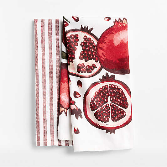 Pomegranate and Stripe Organic Cotton Dish Towels, Set of 2