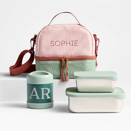 Pink and Mint Green Colorblock Kids Lunch Box Bundle